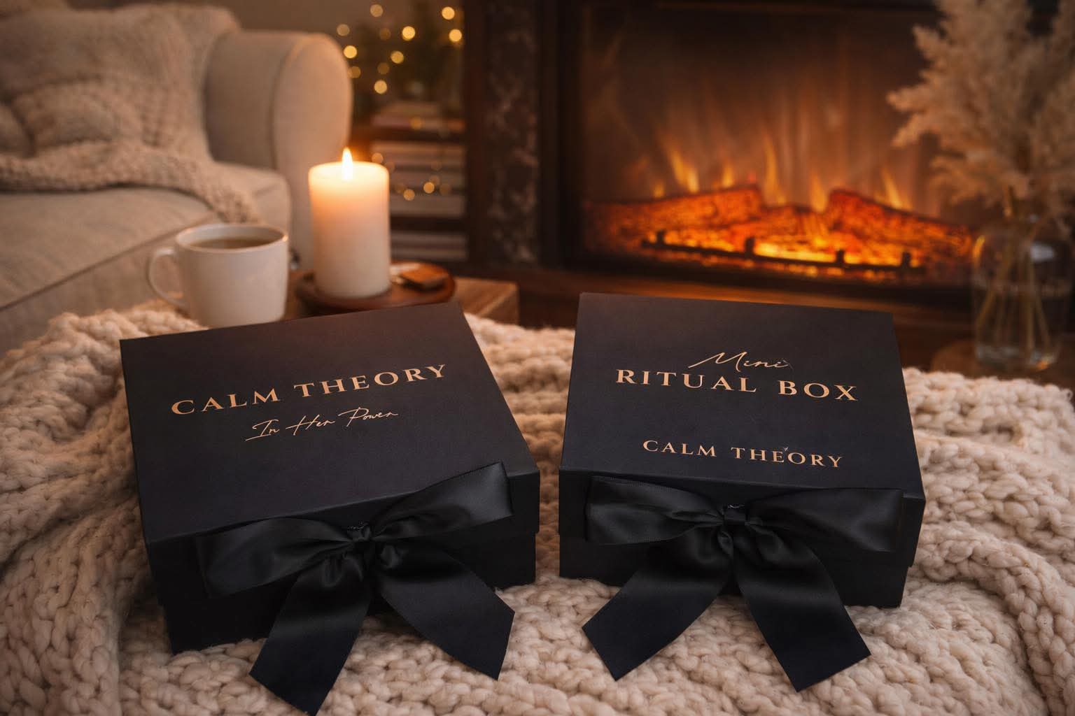 Calm Theory ritual boxes beside a warm fireplace